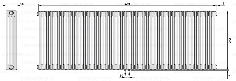 Схема (чертеж) Радиатор Zehnder Charleston 4150/48 №5410 Белый глянцевый RAL 9016